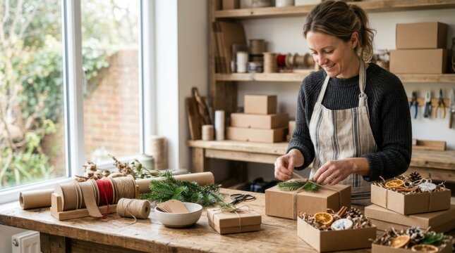 Woman meticulously wrapping and decorating gifts in a crafting studio setting