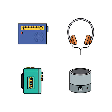A set of four retro audio technology vector illustrations featuring a blue radio, headphones, cassette player, and speaker on a dark black background, arranged cleanly with vibrant color accents.