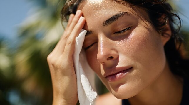 Young woman wiping sweat from forehead during hot summer day and heatwave