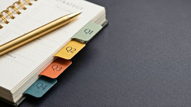 Spiral planner with quarterly year index tabs on desk for business strategy, quarterly planning and project organization