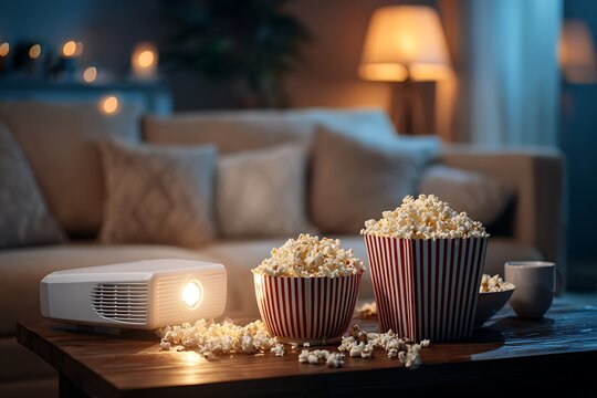 Home cinema movie night with video projector and popcorn on a table