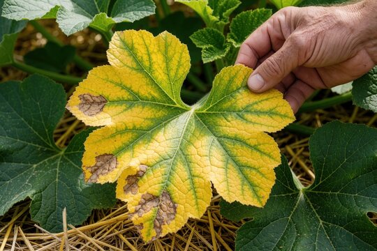 Farmer hand holds sick yellow zucchini leaf with brown necrosis spots. Close up of diseased courgette plant foliage in garden. Nutrient deficiency fungal blight affects vegetable growth. Macro view
