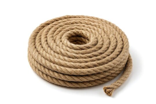 Natural jute rope coiled tightly on seamless white background