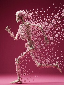 Human skeleton made of pink cherry blossom flowers runs against solid magenta background. Floral skull, bones move through air with flying petals. Surreal concept of life death, rebirth with