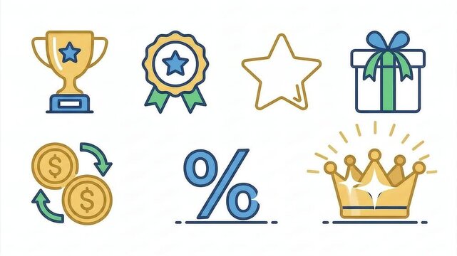 Set of colorful flat line icons representing rewards and financial success concepts.