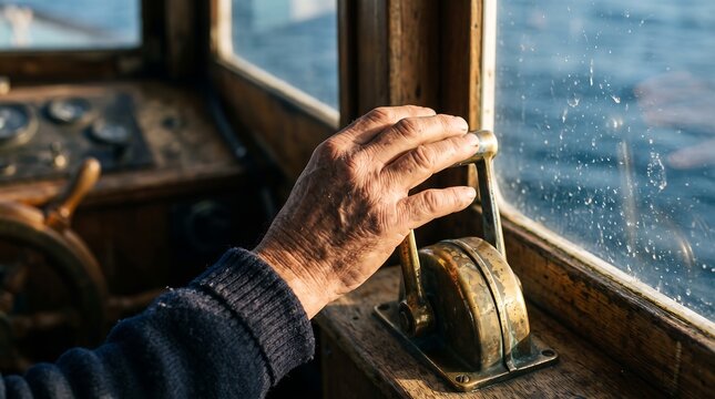 Close up of a hand operating a boat throttle control