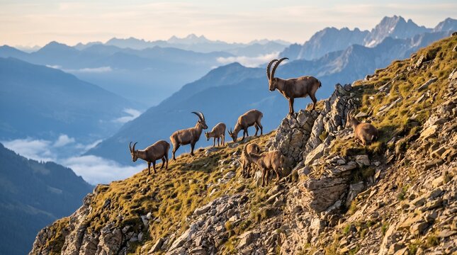 Herd of Alpine Ibex with Curved Horns Standing on Rocky Mountain Ridge in Natural Wildlife Habitat