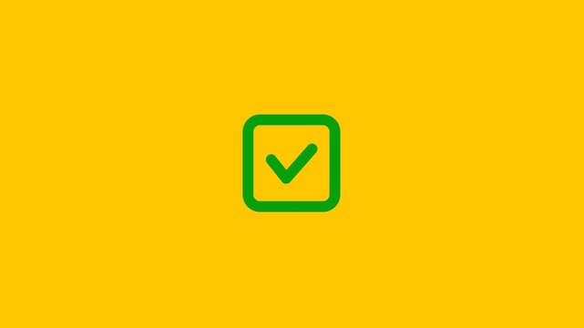 Green square box with checkmark symbol centered on solid yellow background