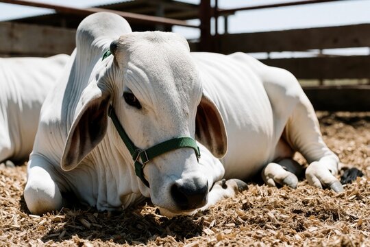 White Brahman cow lies on wood shavings in farm corral. Large ear, hump show zebu cattle breed features. Close up of domestic bovine resting in rural agribusiness stable. Calm livestock animal sits
