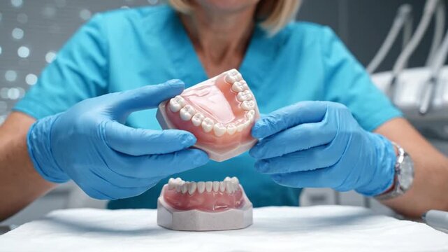 Dentist comparing two dental jaw models with blue gloves.