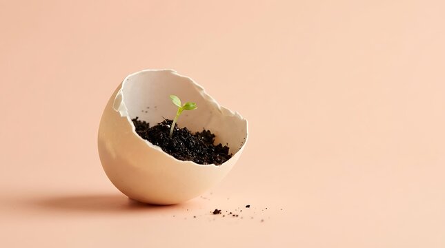 Sprout growing from cracked eggshell with soil on light background