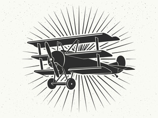 Vintage Triplane Airplane Silhouette with Sunburst Background - Retro WWI Military Aircraft Vector Illustration for Graphic Design and Logo Templates © ZIIZE STUDIO