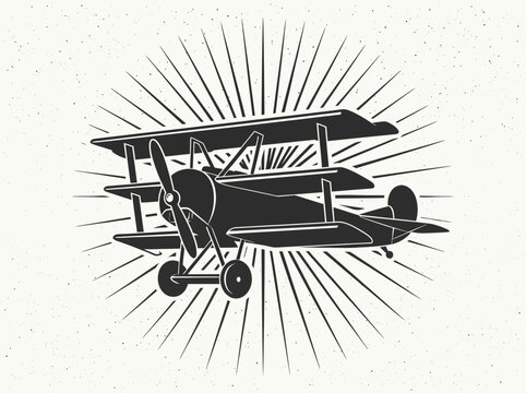 Vintage Triplane Airplane Silhouette with Sunburst Background - Retro WWI Military Aircraft Vector Illustration for Graphic Design and Logo Templates