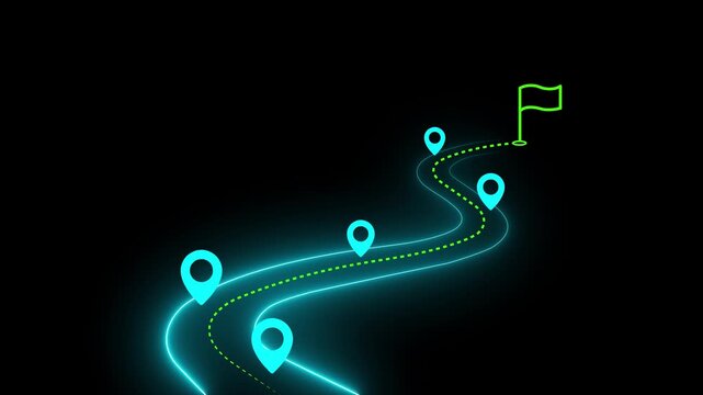 Neon glowing map path with location pins and goal flag, animated travel route infographic navigation