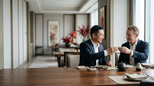 Corporate lunar new year greeting between two male colleagues over tea, sharing warm and respectful moment in elegant office dining room.