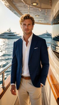 Handsome young man wears luxury navy blue blazer, white shirt on yacht. Confident male model poses in smart casual attire near sea. Wealthy person enjoys summer vacation on expensive boat with ocean
