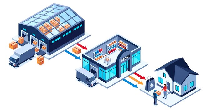 Isometric Supply Chain from Warehouse to Store and Home Delivery