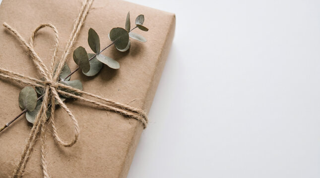 Minimalist recycled kraft paper packaging tied with natural jute twine and dried eucalyptus