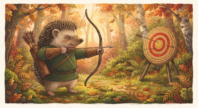 Cute Cartoon Gouache Hedgehog Archer Drawing Yew Flatbow at Painted Target Board