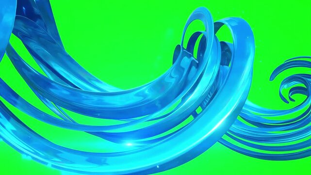 Futuristic blue metallic ribbons weaving together in a chaotic yet rhythmic pattern over a chroma key green background for creative editing
