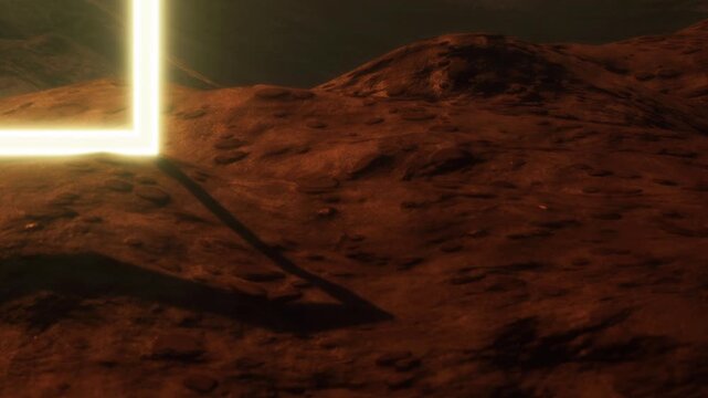 Neon frame glowing on dark rocky ground casting shadows during night time in wilderness