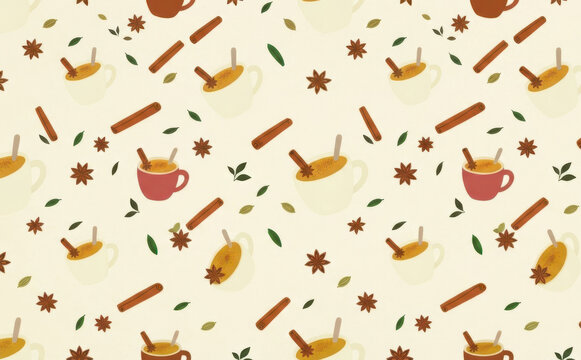 pattern with warm cups of tea cinnamon sticks and star anise spices