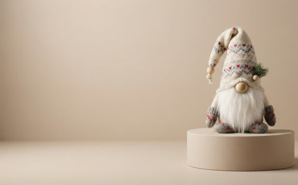 Cute Christmas gnome toy on a pedestal with copy space for winter holidays greeting design