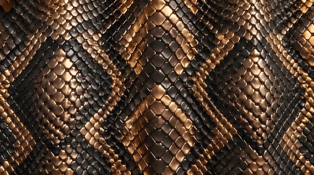 Macro texture of glossy python snake skin leather with bronze and metallic scale pattern