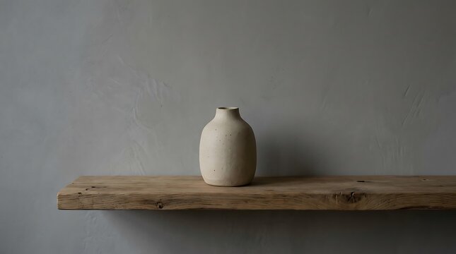 Minimalist ceramic vase on a rustic wood shelf against a gray wall