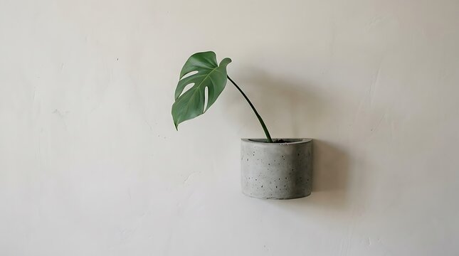Minimalist monstera leaf in a grey concrete wall planter on white wall