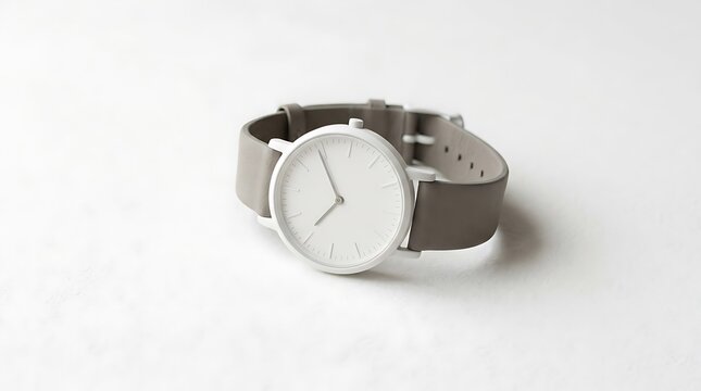 Minimalist white analog wristwatch with grey leather strap on white background