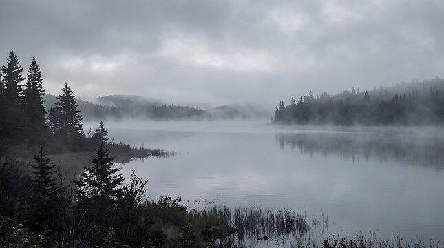 Misty Lake with Coniferous Forest and Thick Fog Over Calm Water at Dawn in a Moody Monochrome Landscape