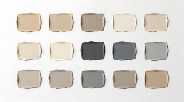 Neutral earth tone paint swatches arranged in a grid on white background