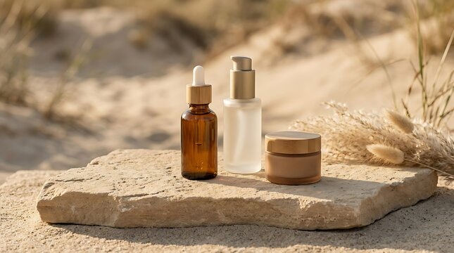 Natural cosmetic skin care bottles on a stone podium outdoors