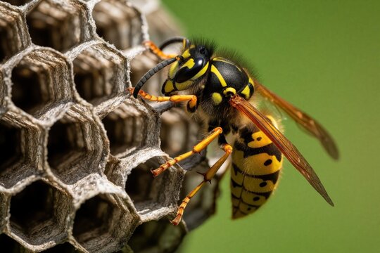 Macro shot of yellow wasp on honeycomb nest. Insect rests on paper hive cells in nature. Wild hornet stays near colony home. Detailed closeup shows wasp body, wings against green background.