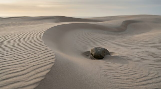 Single stone resting on textured sand dunes under a soft golden sunset