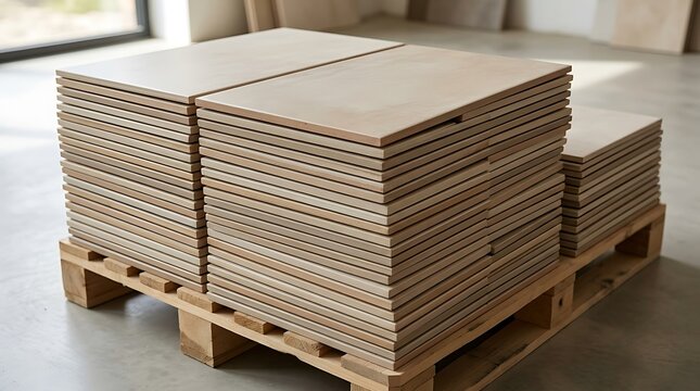Stack of ceramic tiles on a wooden pallet inside a construction warehouse