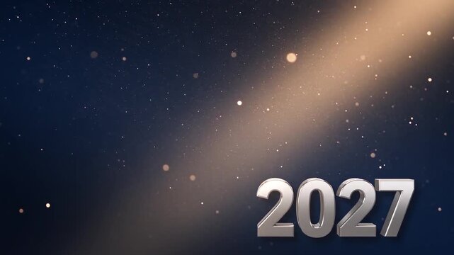 New Year 2027 metallic numerals with light sweep particle loop