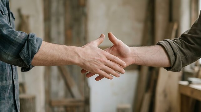 Two men shaking hands to close a business deal in a workshop studio