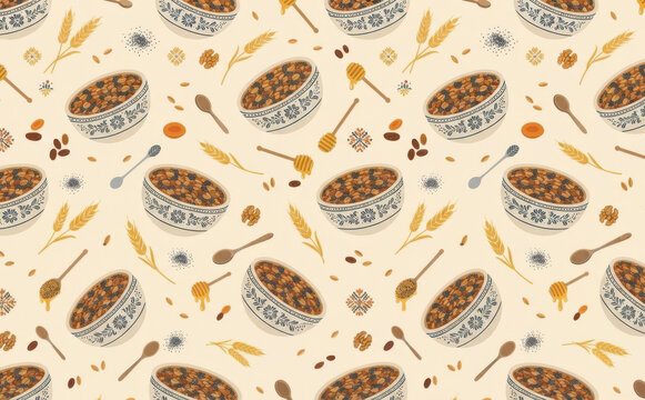 Seamless pattern with bowls of muesli, wheat, spoons, and honey for healthy breakfast designs