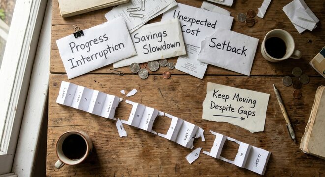 Financial Setbacks and Progress Interruptions Represented by Broken Paper Ladders and Scattered Coins on a Wooden Table