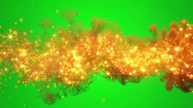 Luminous golden twinkling particle cloud floating slowly across a bright green screen background for overlay effects