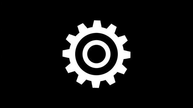 A simple white gear icon isolated on a solid black background representing mechanical engineering and industrial design concepts
