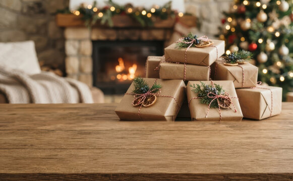 Rustic Christmas Gifts Stacked on Wooden Table with Fireplace and Tree Background