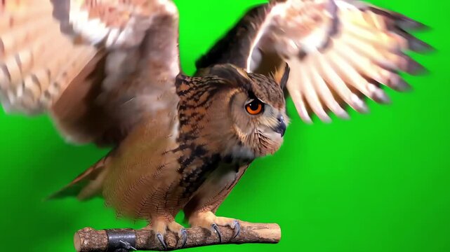 Majestic eagle owl flapping its powerful wings while perched against a chroma key green screen background