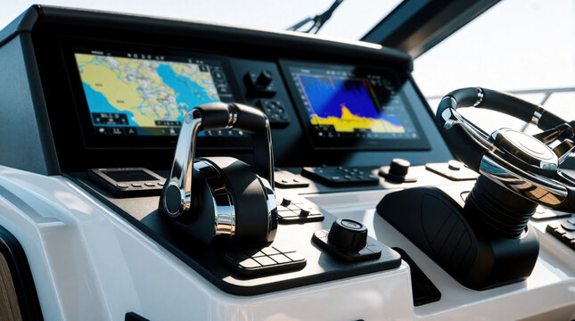 Close up of modern boat console with marine electronics. Digital navigation chart, sonar display on multifunction screens. Metal throttle lever, steering wheel, control panel for luxury yacht