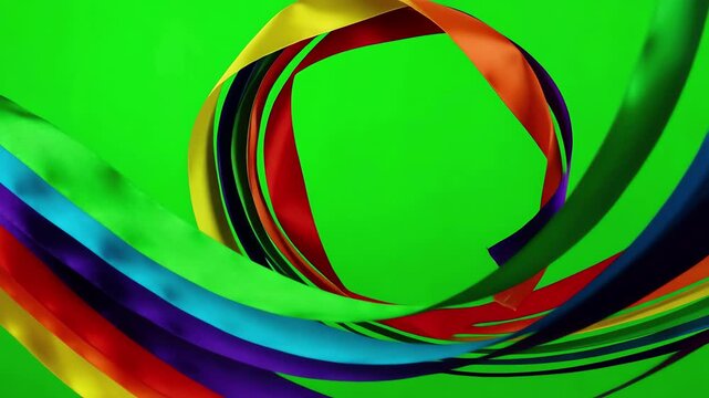 Playful rainbow curved ribbons dancing and twirling in the air against a studio green screen background