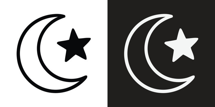Crescent moon and star graphic icon for night themes with celestial astronomy minimalist monochrome astrological astrophysics astrology illustration geometry abstract