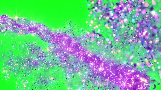 Purple glitter shimmering trail sweeping across a green screen in a cloud of sparkling particles