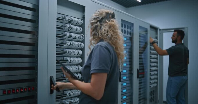 Female Server Room Technician Monitors Server Performance on Tablet While Checking Network Cables in Bright Facility, Highlighting Infrastructure Maintenance, IT Operations, and Reliable Connectivity.